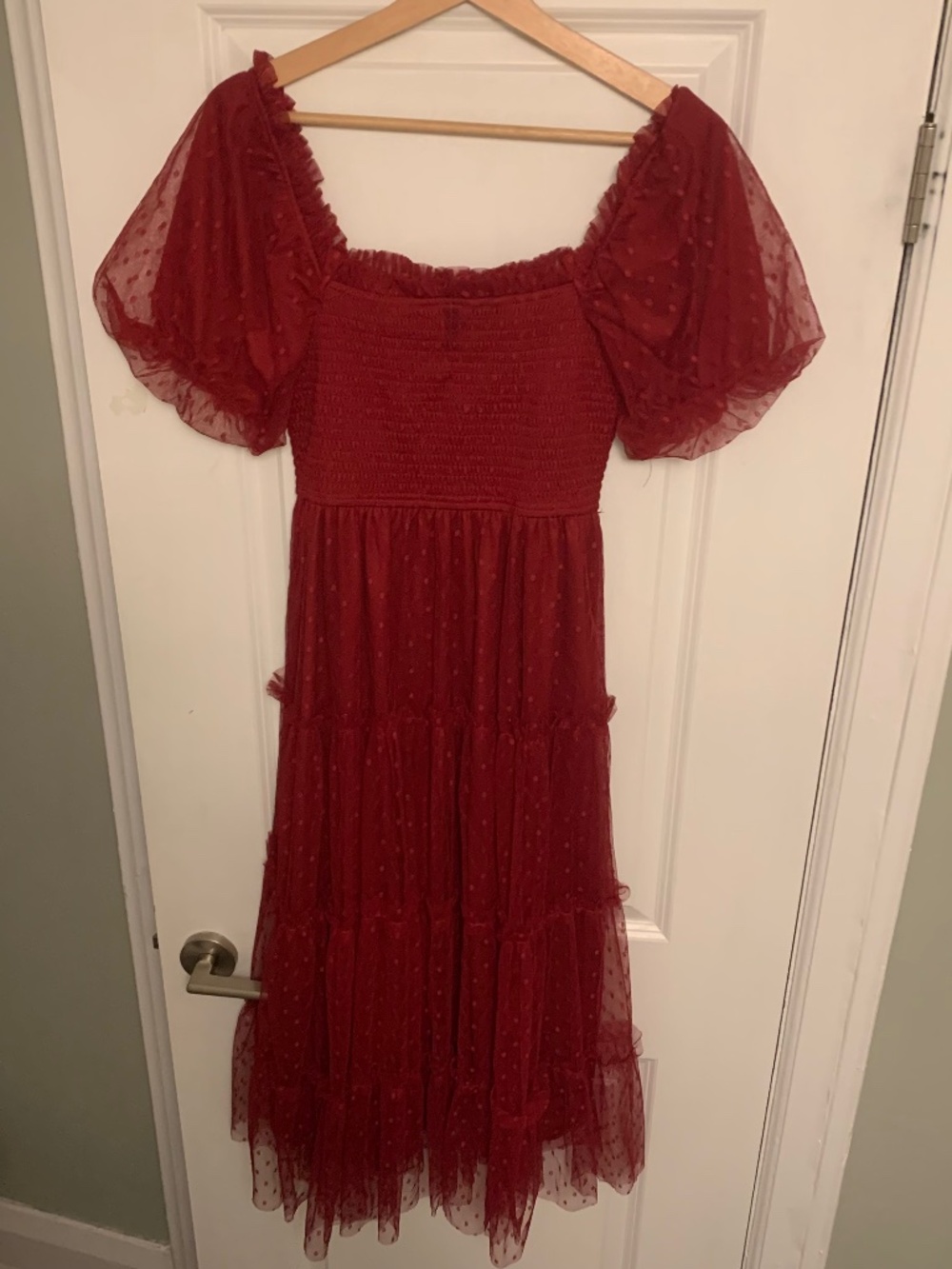 Red Frilly Tulle Date Night Valentines Day Polkadot Puff Sleeve Dress Size Small